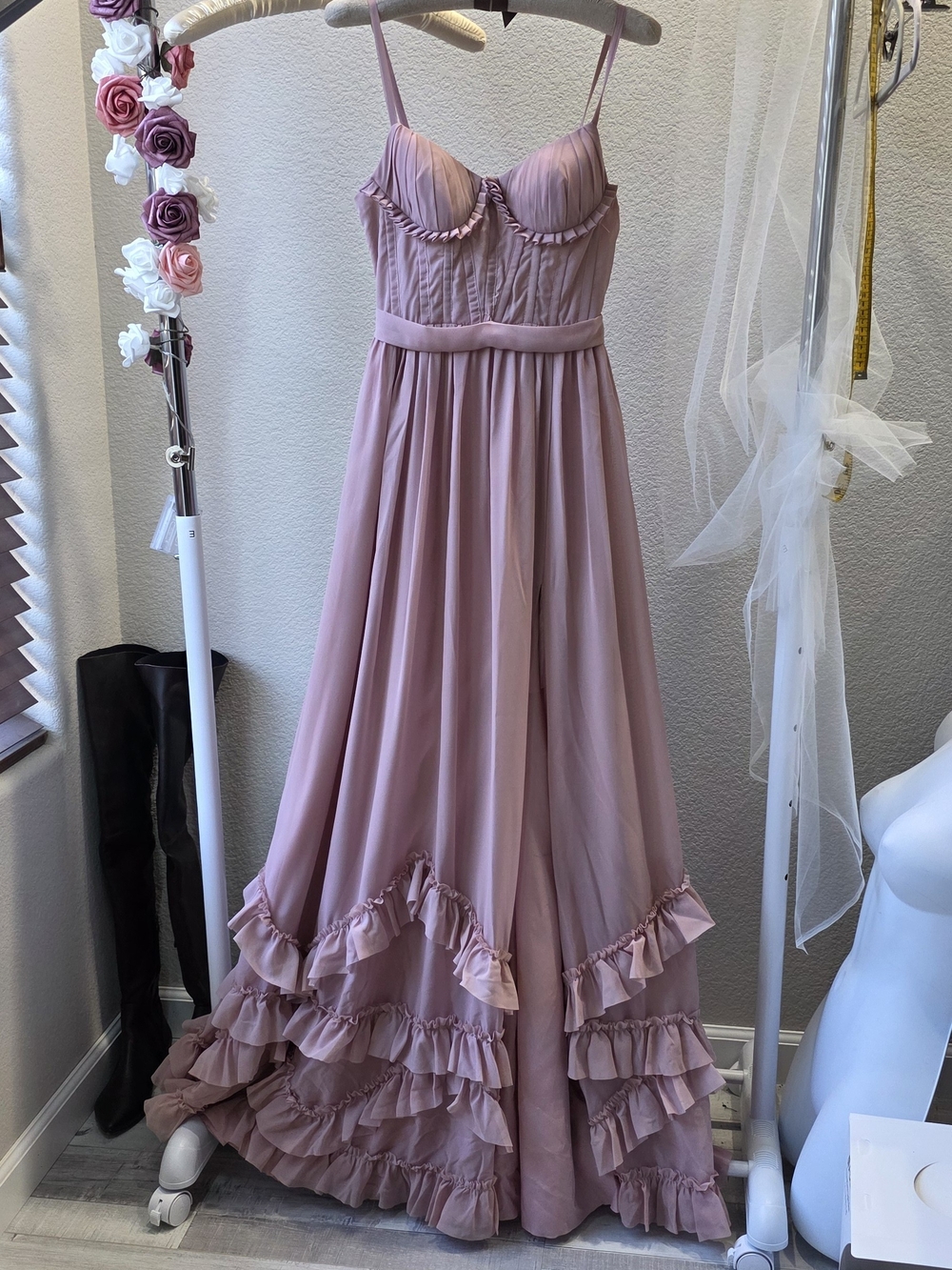 Romantic Pink Ruffle Maxi Dress with Thigh Slit
